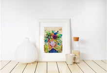 Load image into Gallery viewer, image of framed print by Maggie O&#39;Hara. The print has birds, flowers and a girl with golden hair.
